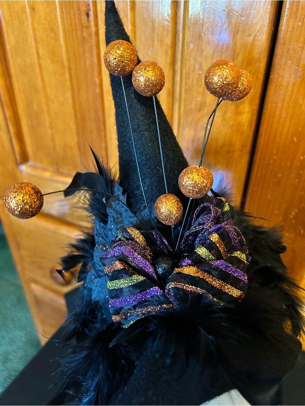 Halloween Black Witch Hat with Sparkling Orange Berries and Striped Bow